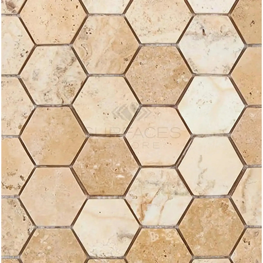 Beige hexagon tile pattern of Philadelphia Travertine 2’’ Hexagon Mosaic Tumbled