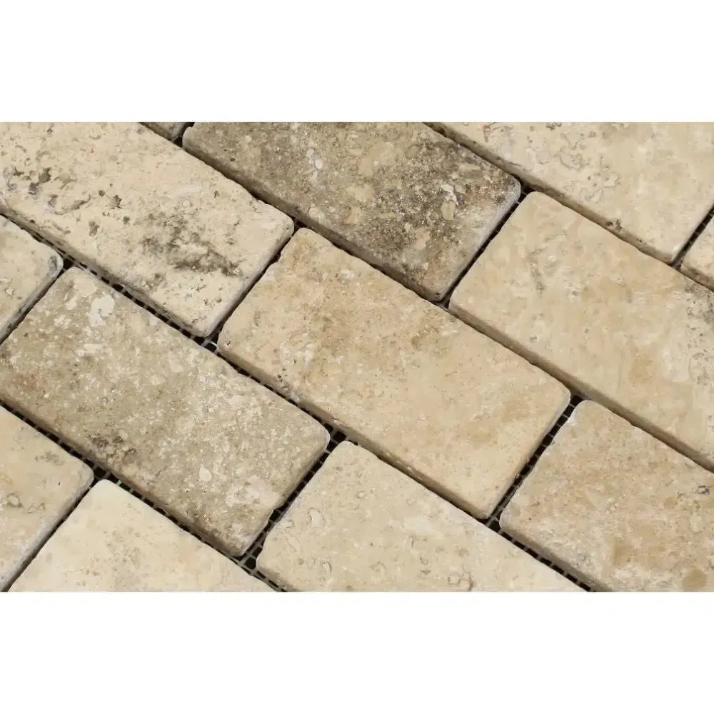 Philadelphia Travertine 2X4 Brick Mosaic Tumbled tile showcasing elegant travertine design