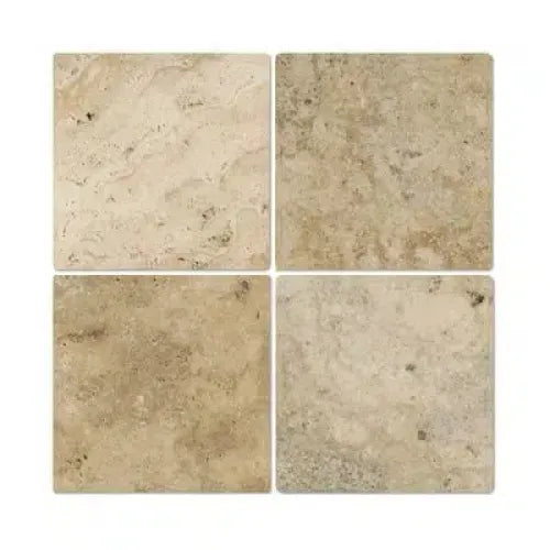 Four Philadelphia Travertine 6X6 Tumbled tiles showcasing natural beauty