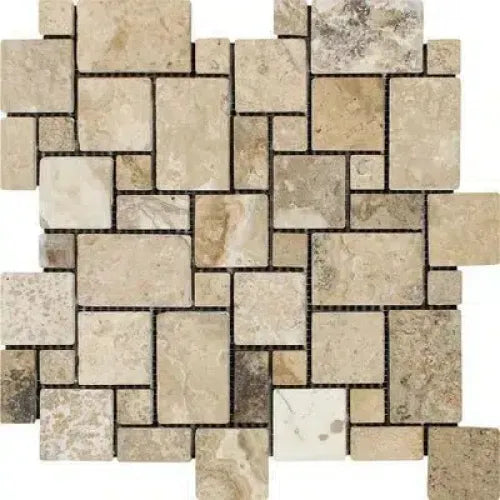 Beige and brown stone mosaic tile of Philadelphia Travertine Micro-Pattern design