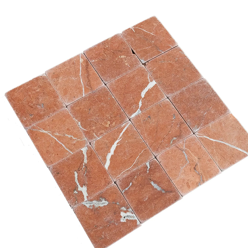 Red marble tile mosaic featuring Rojo Alicante 3X3 Tumbled design for elegant spaces