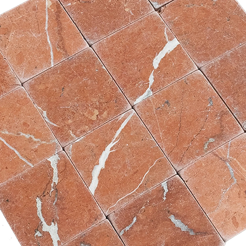 Red marble tile pattern of Rojo Alicante 3X3 Tumbled showcasing elegance and luxury