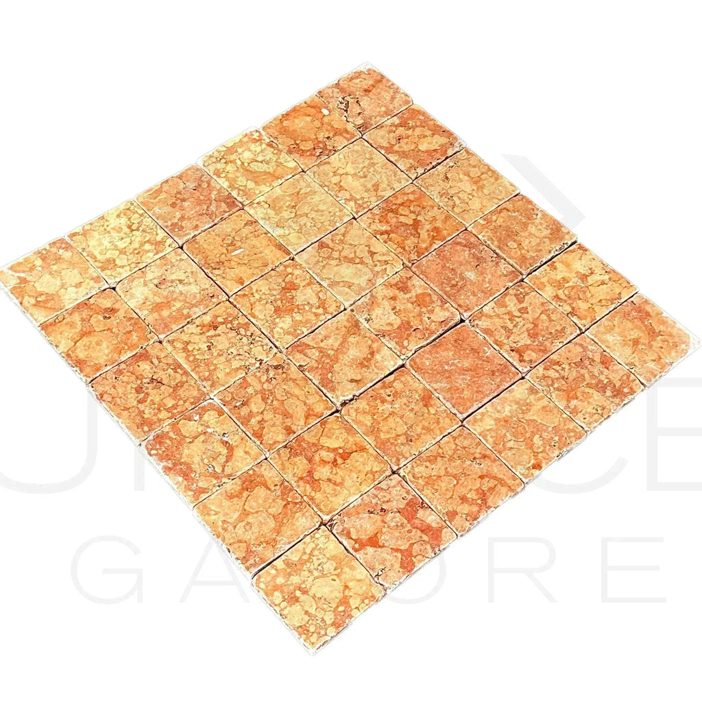 Square mosaic tile sheet of Rosso Verona Red Marble 4X4 Tumbled Tile for sale