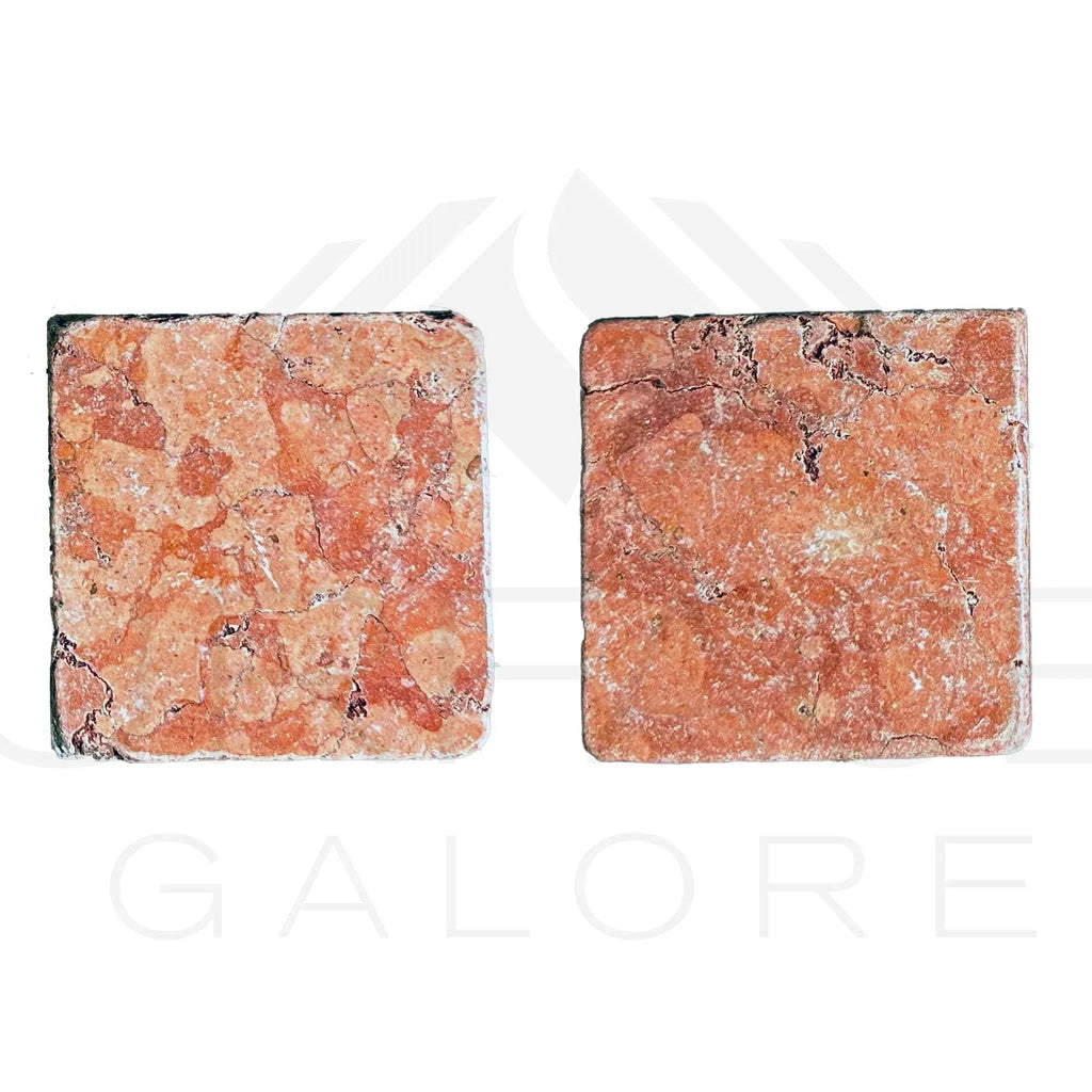 Two square reddish-brown textured coasters made from Rosso Verona Marble