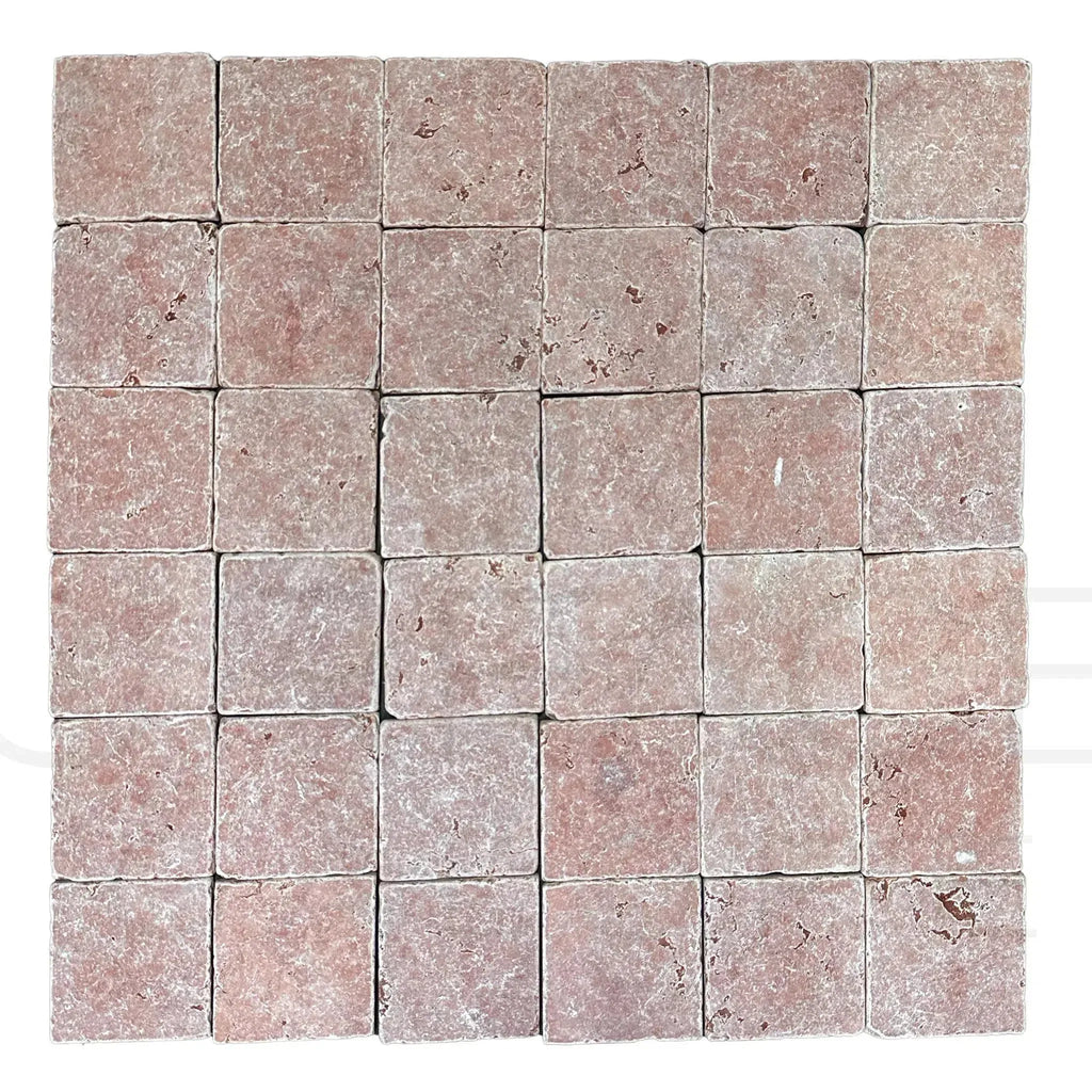 Square mosaic tile pattern of Rosso Verona Red Marble 4X4 Tumbled Tile