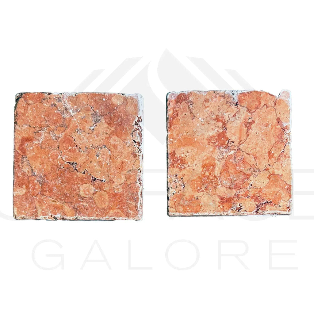 Two square reddish-brown stone coasters from Rosso Verona Red Marble tile set