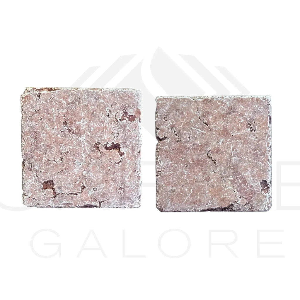 Two square textured stones of Rosso Verona Red Marble 6X6 Tumbled Tile