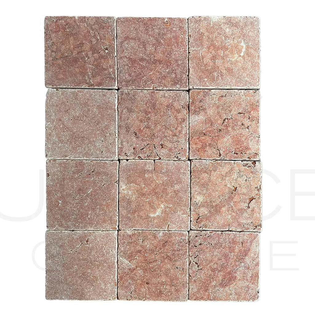 Twelve reddish-brown Rosso Verona Tumbled Marble tiles in 6x6 inches size