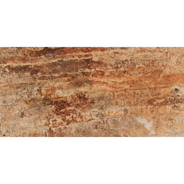 Textured layered reddish-brown stone from Scabos Travertine 12X24 Cross-Cut tiles