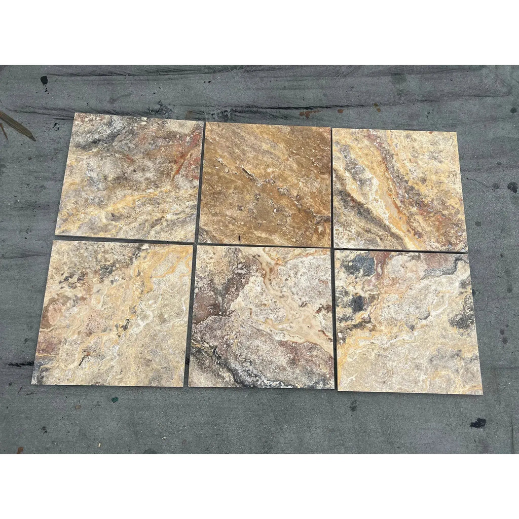 Six Scabos Travertine 18X18 Filled Polished or Honed stone-look tiles displayed