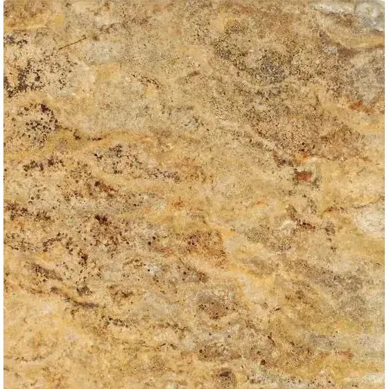 Tan and brown patterned stone of Scabos Travertine 18X18 Unfilled Brushed and Chiseled