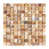 Square mosaic tile sheet featuring Scabos Travertine 1X1 Mosaic Polished finish