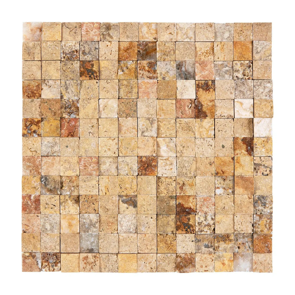 Square mosaic tile sheet of Scabos Travertine 1X1 Mosaic Split-Faced design