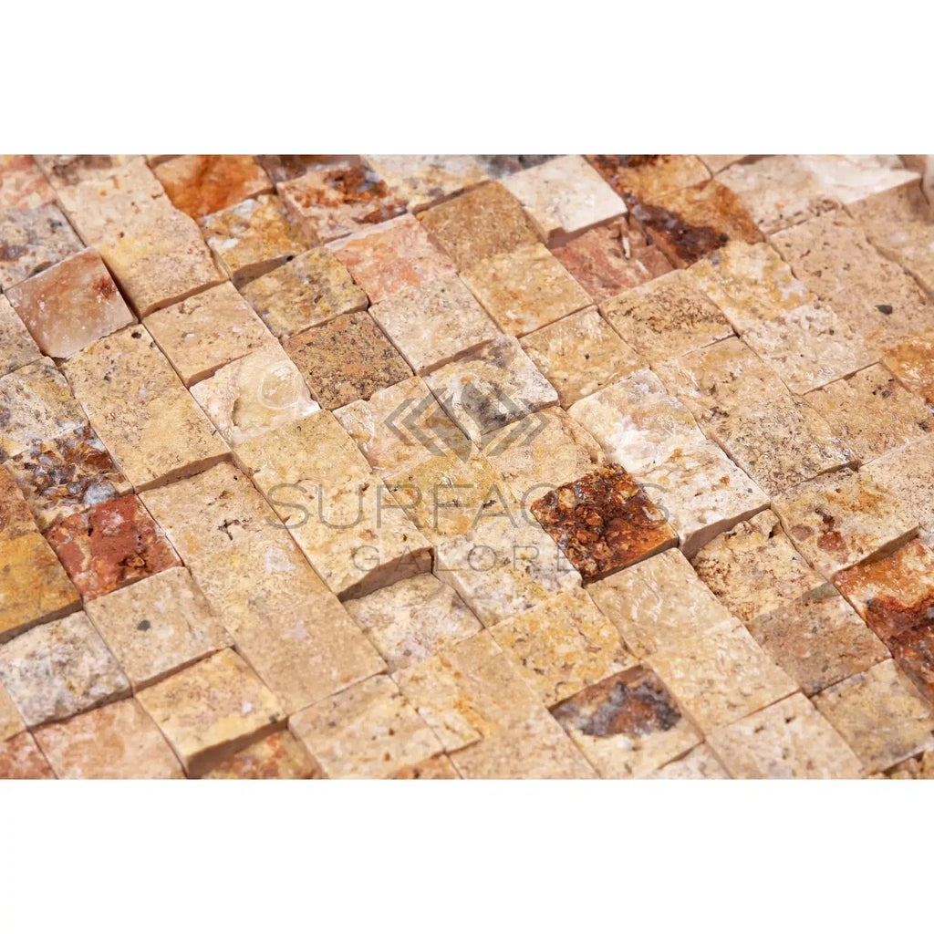 Textured mosaic tile surface of Scabos Travertine 1X1 Mosaic Split-Faced design