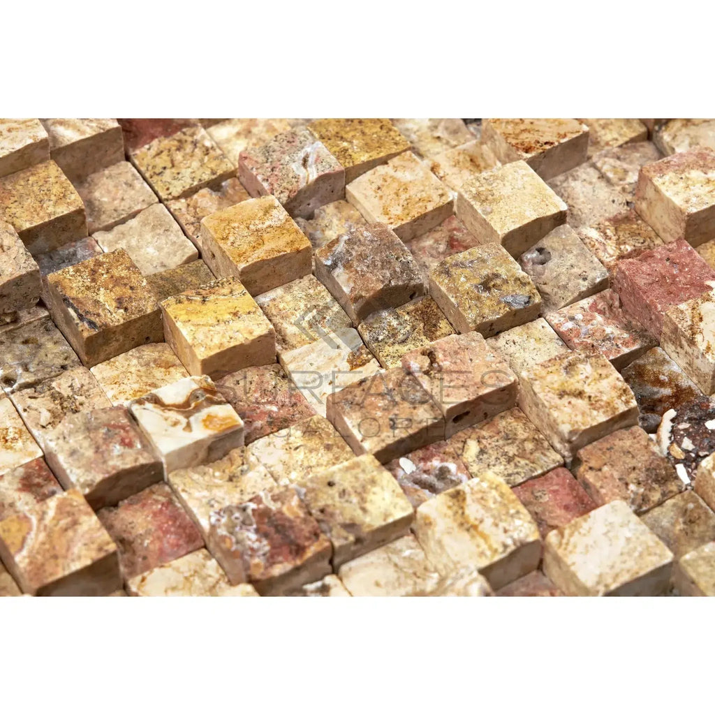 Textured mosaic cube pattern of Scabos Travertine 1X1 Mosaic Split-Faced tile