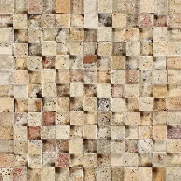 Textured beige and brown mosaic tile from Scabos Travertine 1X1 Mosaic Split-Faced