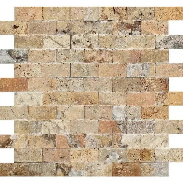 Scabos Travertine 1X2 Brick Mosaic Split-Faced Tile in a beautiful design