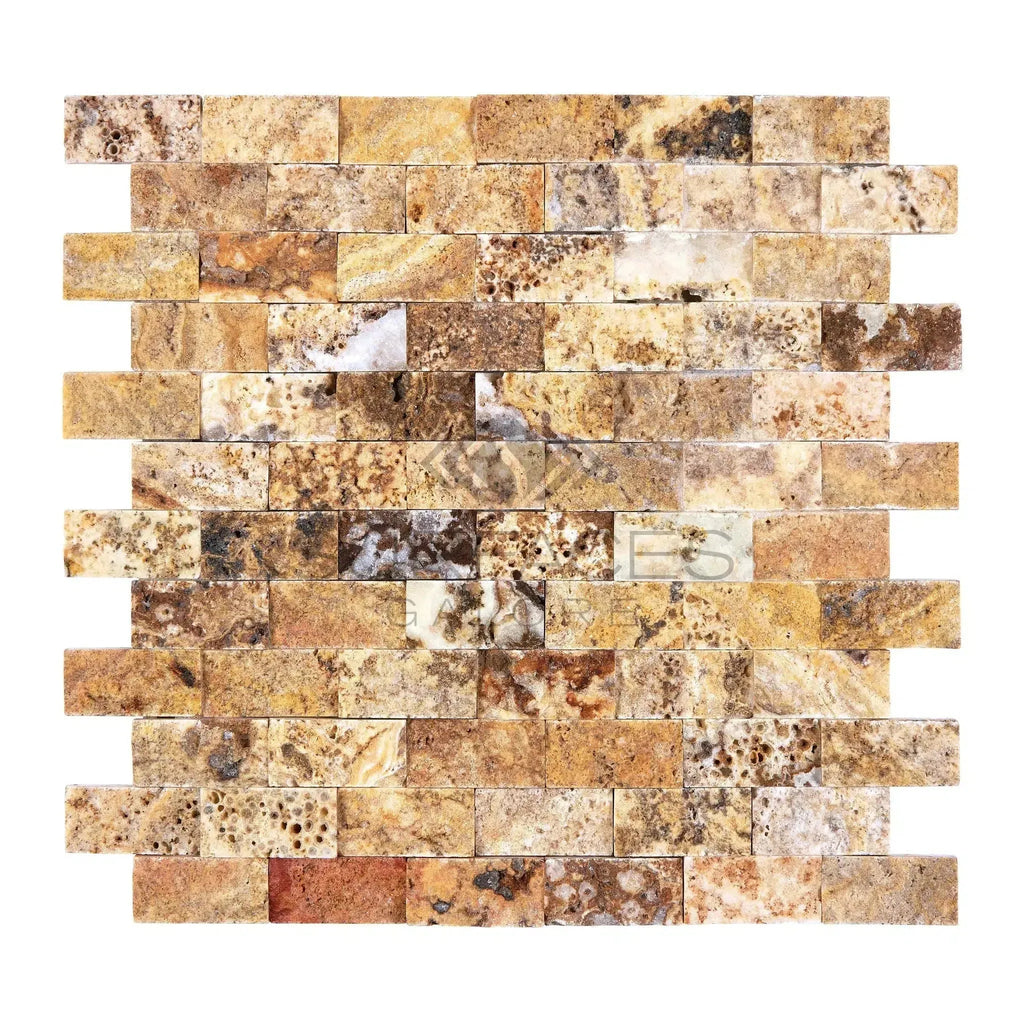 Scabos Travertine 1X2 Brick Mosaic Split-Faced Tile for elegant interior design