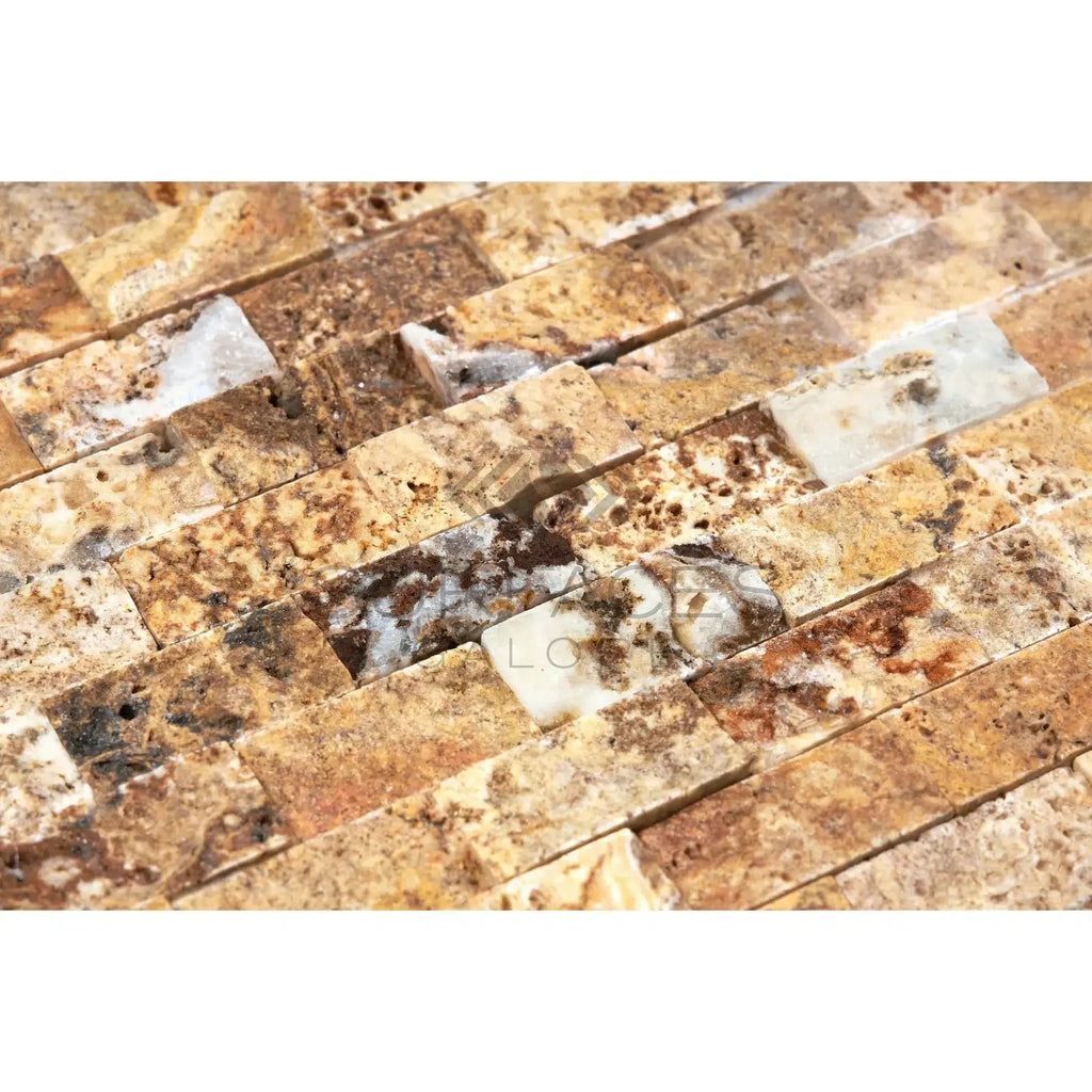 Textured Scabos Travertine 1X2 Brick Mosaic Split-Faced stone wall design