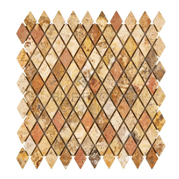 Diamond-patterned mosaic tile sheet of Scabos Travertine 1X2 Rhomboid Tumbled design