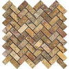 Scabos Travertine 1X2 Herringbone Mosaic Tumbled stone tile pattern display