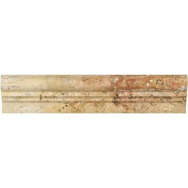 Textured travertine border tile for Scabos Travertine double-step chair rail trim liner