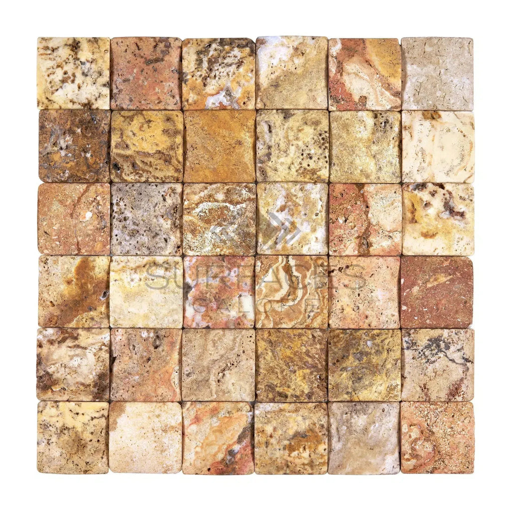 Scabos Travertine 2X2 CNC-Arched & Tumbled Round-Face Wavy Mosaic Square Tile