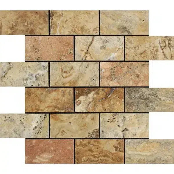 Scabos Travertine 2X4 Brick Mosaic Polished tile showcasing elegant design and texture