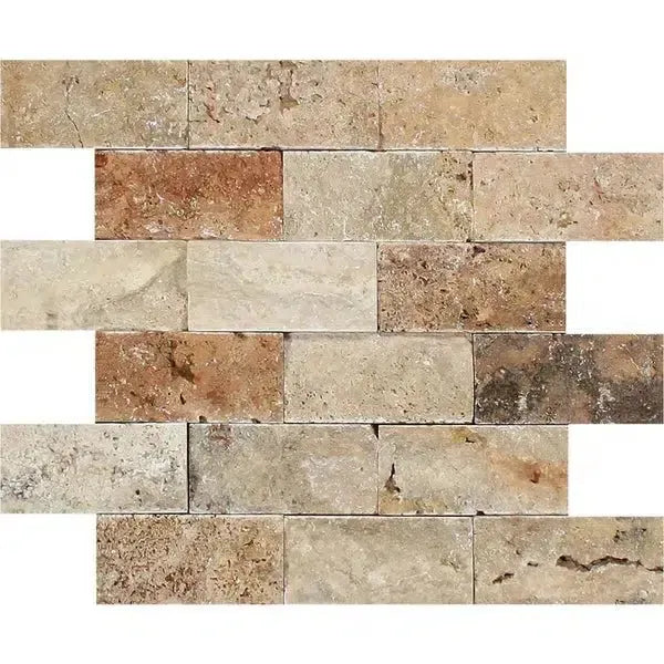 Scabos Travertine 2X4 Brick Mosaic Split-Faced wall tile in natural stone finish