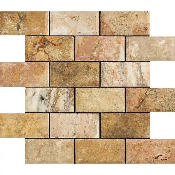 Scabos Travertine 2X4 Deep-Beveled Brick Mosaic Honed tile in a stylish arrangement