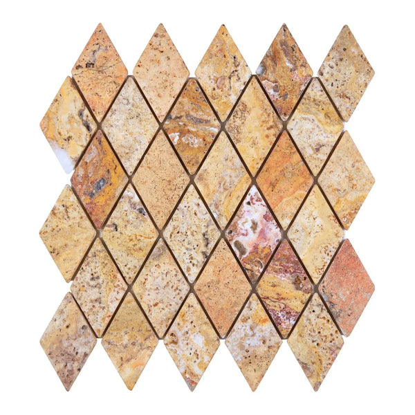 Diamond-shaped Scabos Travertine 2X4 mosaic tile showcasing a tumbled finish