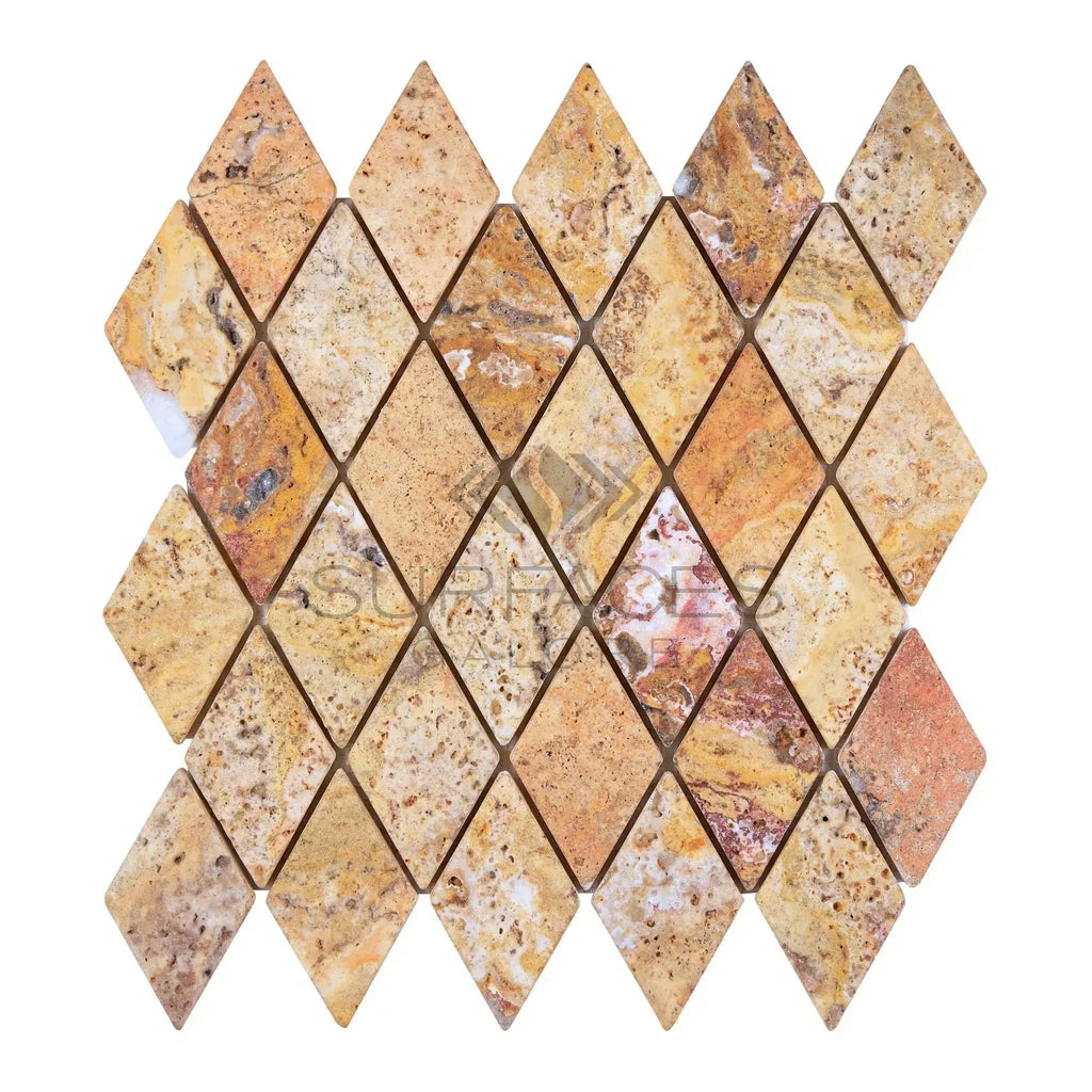 Diamond-shaped Scabos Travertine 2X4 Mosaic Tumbled tiles in elegant display