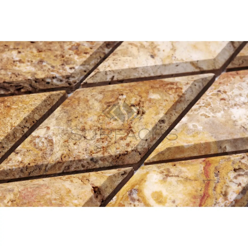 Scabos Travertine 3X6 Deep-Beveled Diamond Mosaic Polished with diamond-patterned design