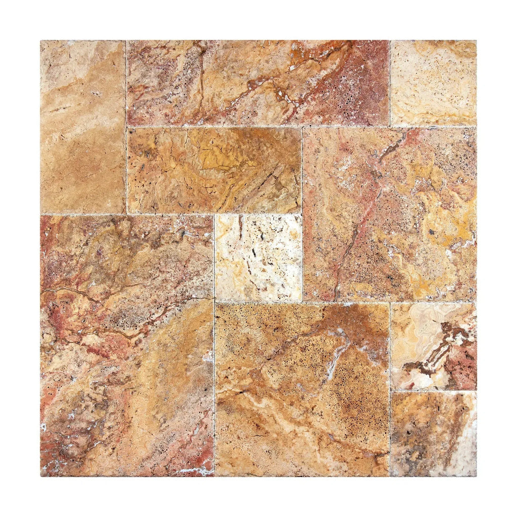 Scabos Travertine tile mosaic in 4 pcs Versailles Pattern, unfilled, brushed, and chiseled