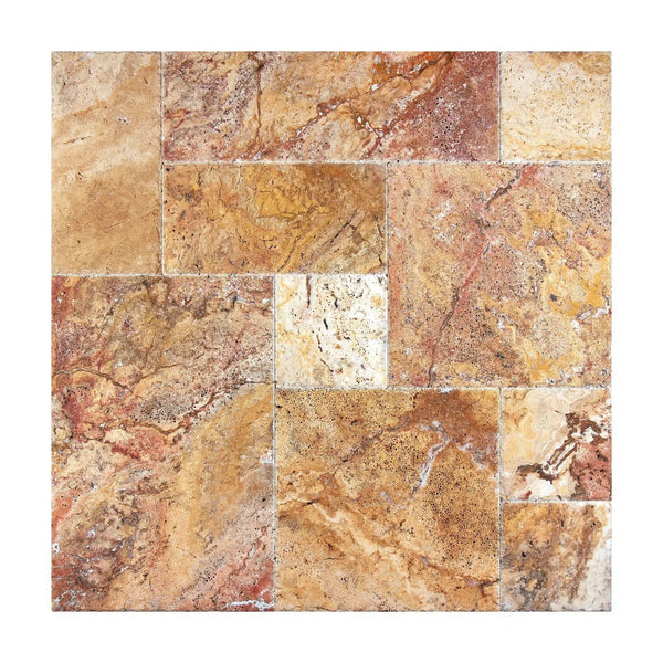 Scabos Travertine tile mosaic in 4 pcs Versailles Pattern, unfilled, brushed, and chiseled