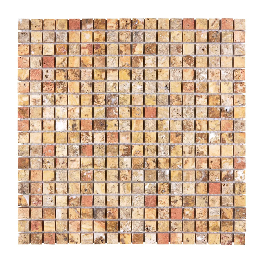 Square mosaic tile sheet of Scabos Travertine 5/8X5/8 polished design