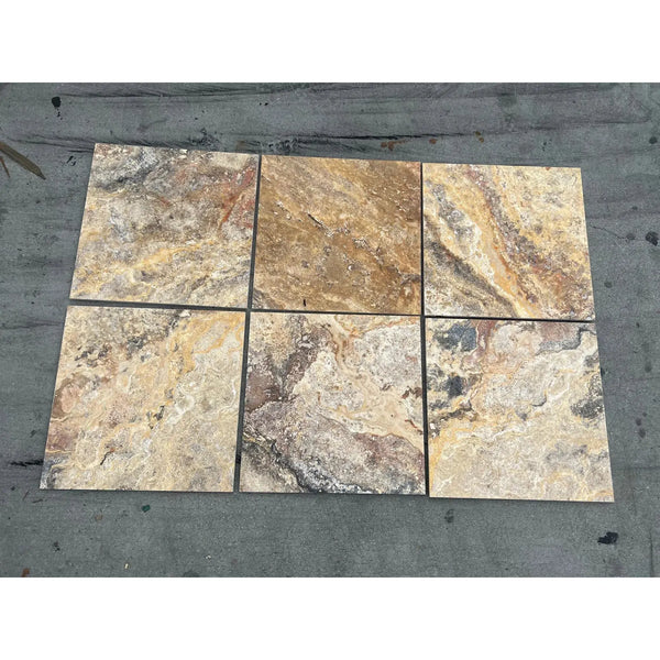 Six square stone tiles of Scabos Travertine Ledger-Panel Corner Mosaic Split-Faced