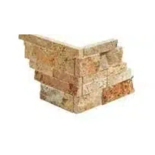 Scabos Travertine Ledger-Panel corner featuring stacked stone veneer design