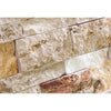 Textured stone wall cladding featuring Scabos Travertine Ledger-Panel mosaic design