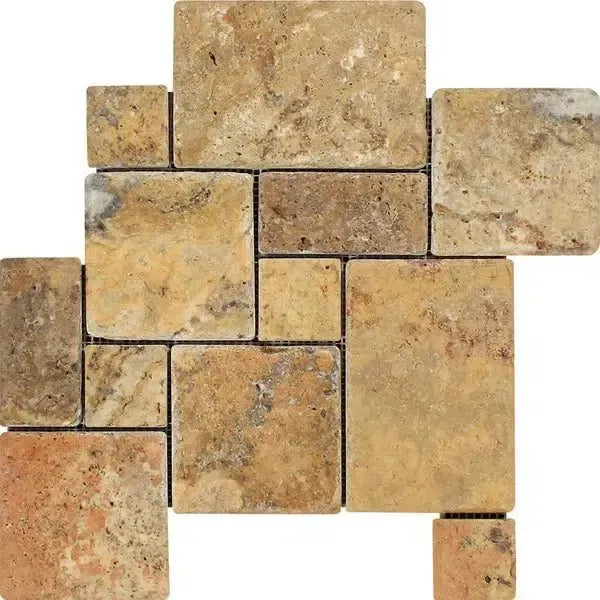 Scabos Travertine OPUS Mini-Pattern interlocking mosaic tumbled tile display