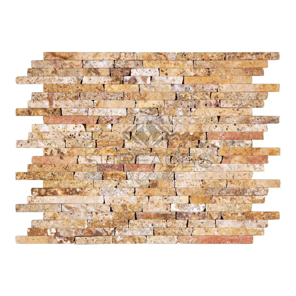 Scabos Travertine Random Strip Mosaic Tumbled showcasing elegant travertine tile design