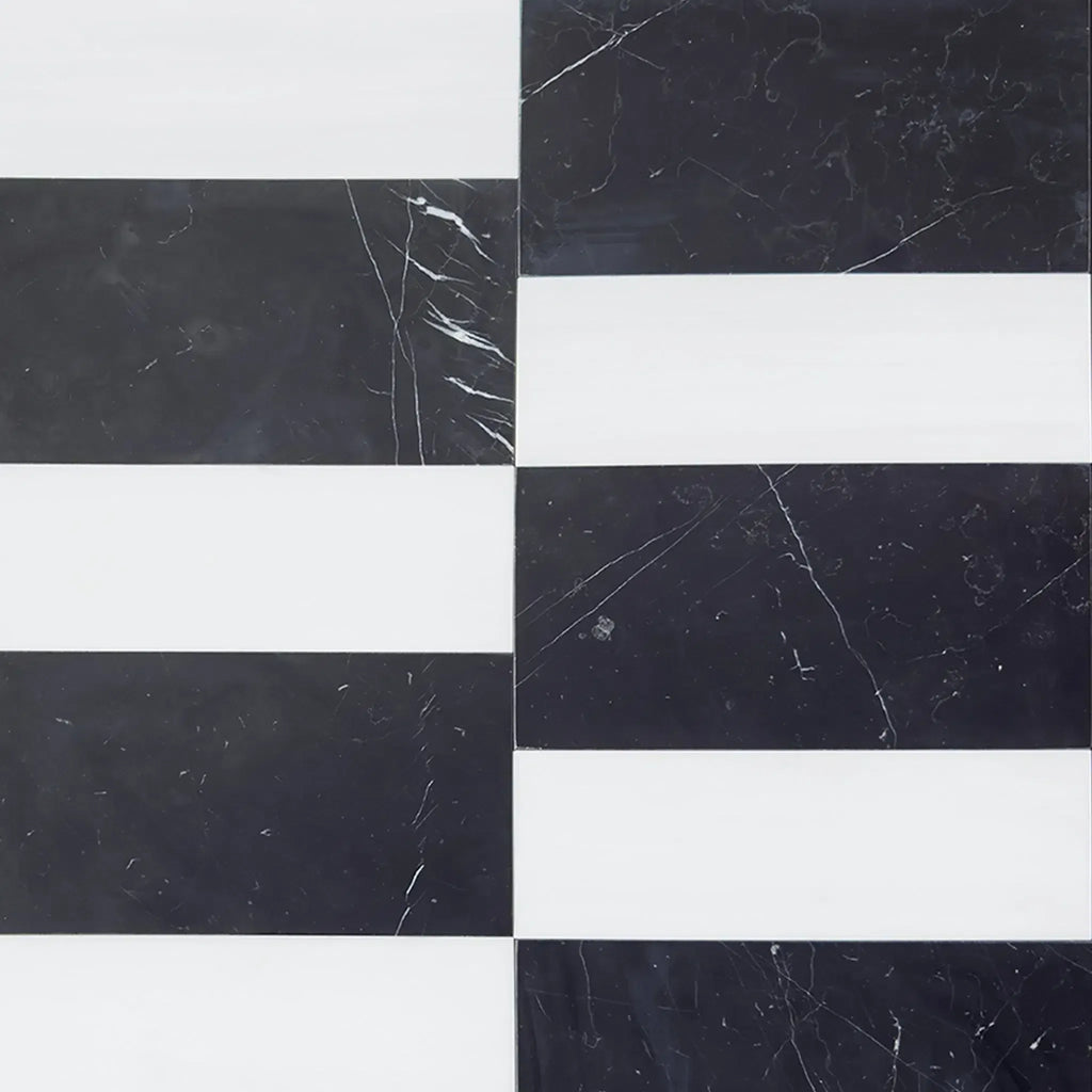 Black and white striped marble tiles from Siena in Bianco Dolomite and Nero Marquina set