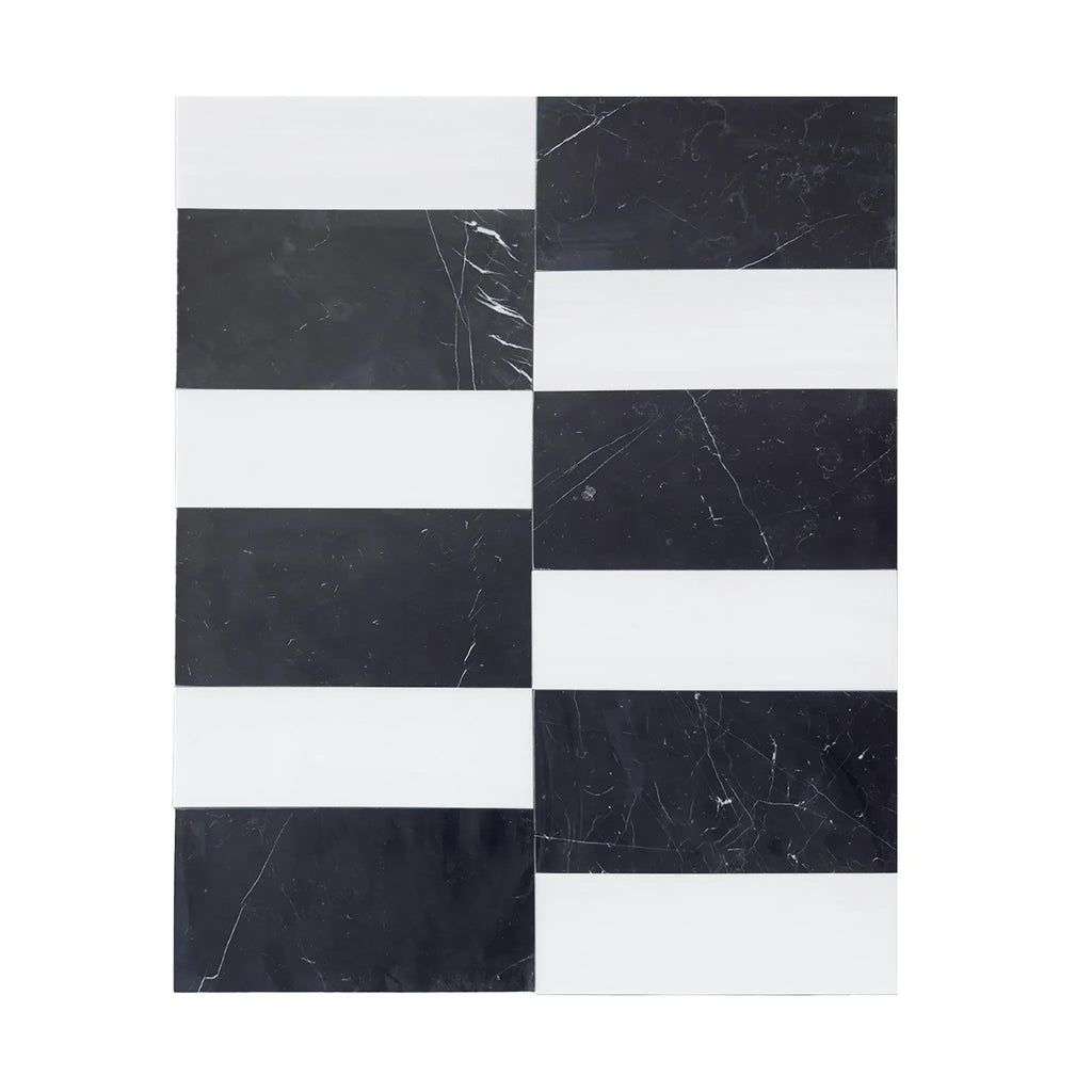 Black and white striped tile from Siena in Bianco Dolomite and Nero Marquina set