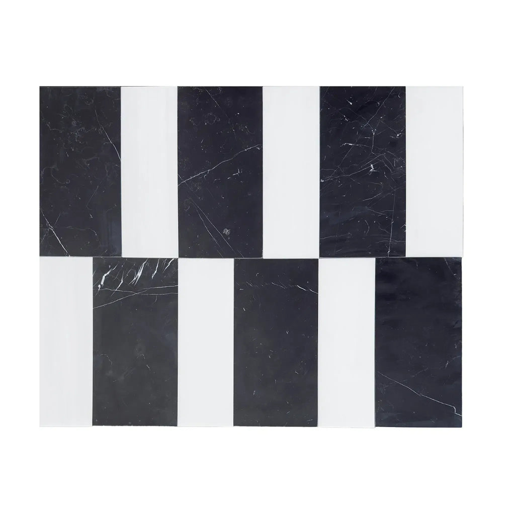 Black and white striped tiles in Siena in Bianco Dolomite 4X12 and Nero Marquina 6X12 Set