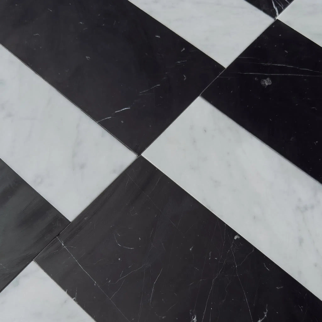 Black and white checkered marble floor in Siena in Carrara White and Nero Marquina Set