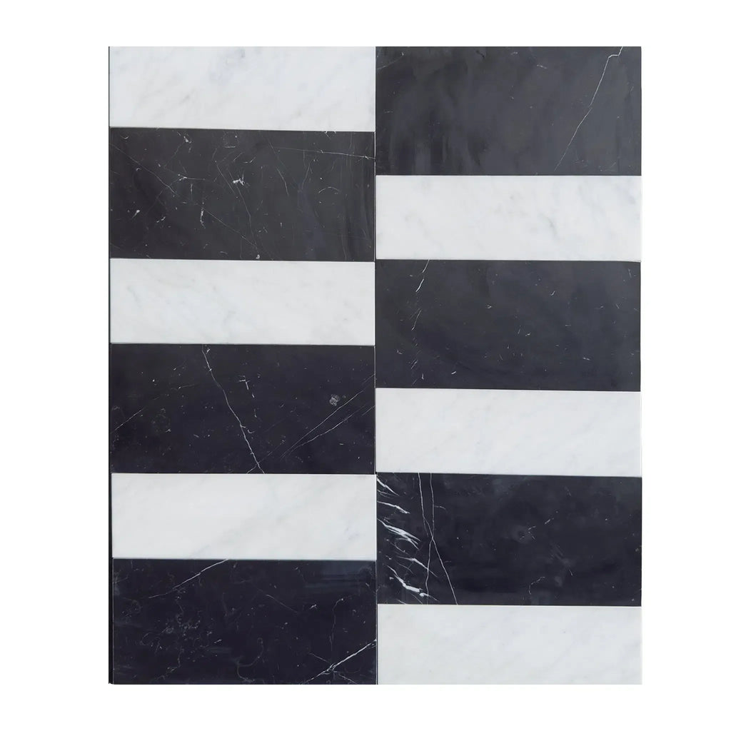 Black and white striped marble tiles from the Siena in Carrara White and Nero Marquina set