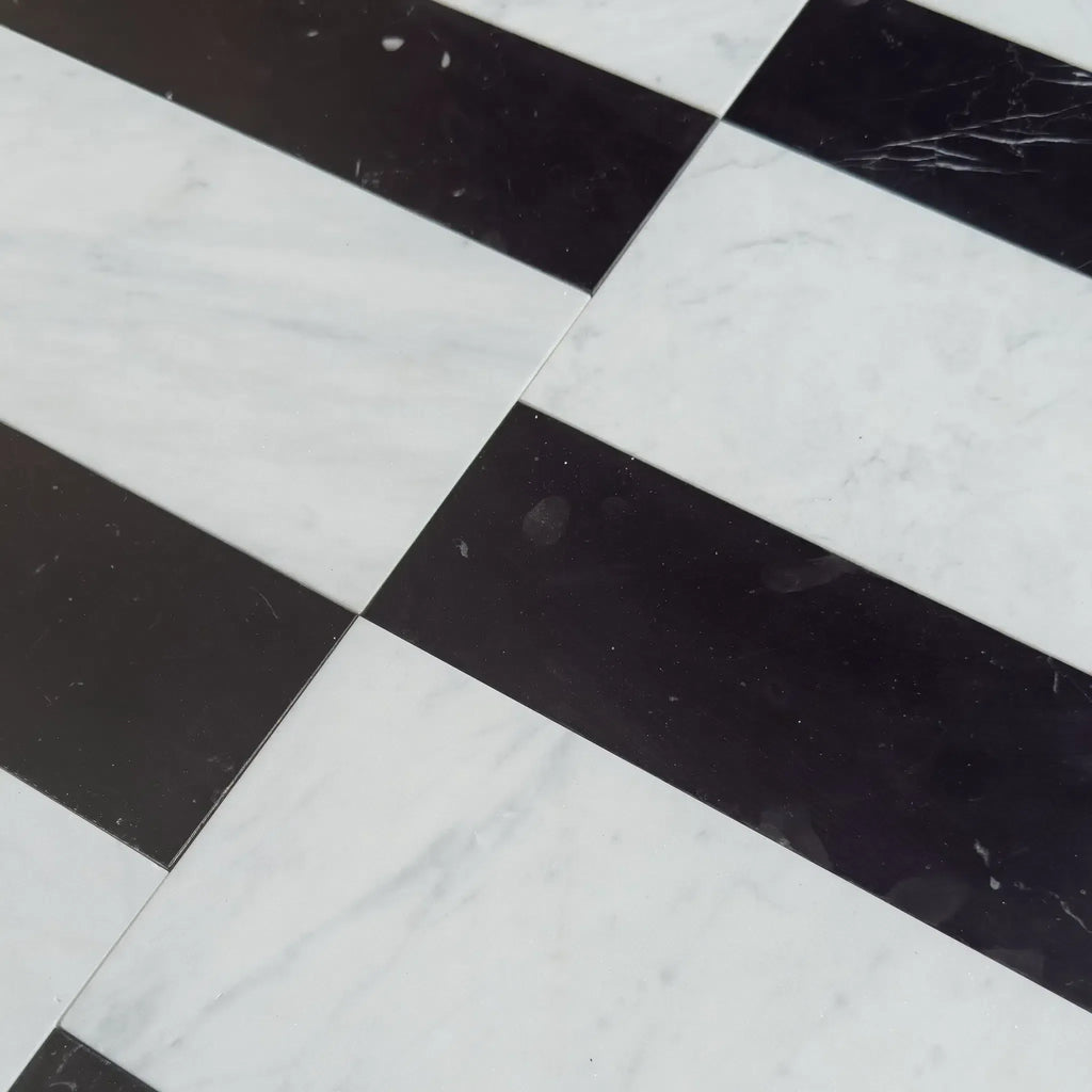 Black and white checkered floor tiles in Siena in Carrara White and Nero Marquina set