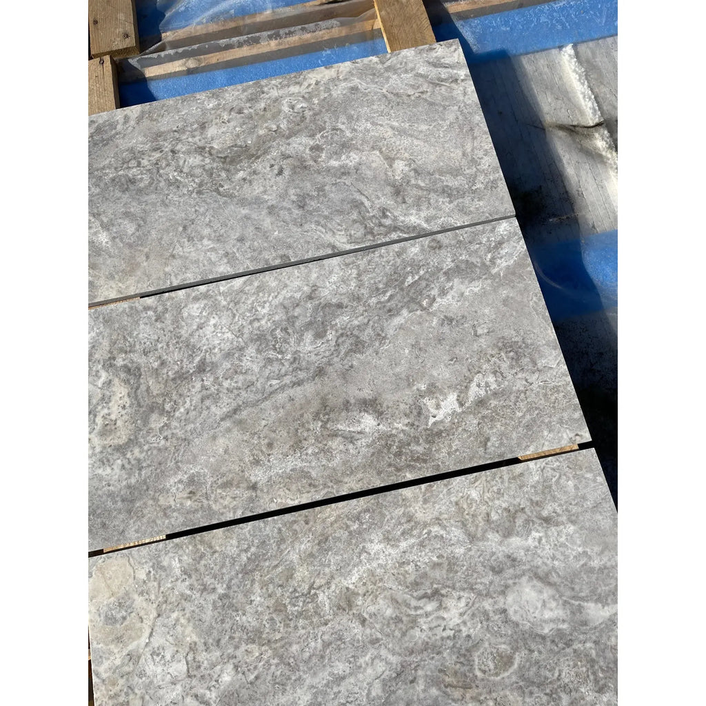 Silver Gray Travertine 12X24 Tile showcasing elegant vein-cut gray marble tiles