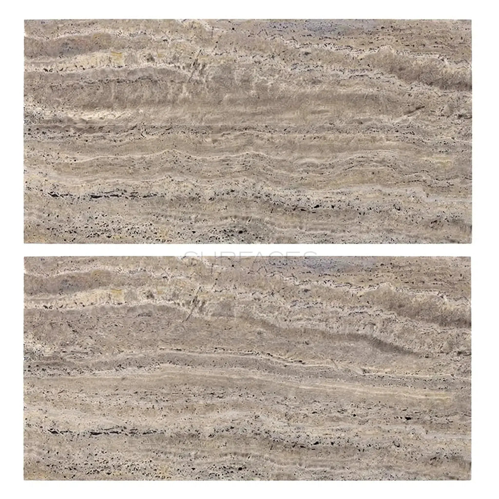 Two Silver Gray Travertine 12X24 Tile slabs, Vein-Cut, Filled, Honed-Polished finish