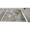 Rectangular stone tile arrangement of Silver Gray Travertine 16X16 Brushed and Chiseled Edge